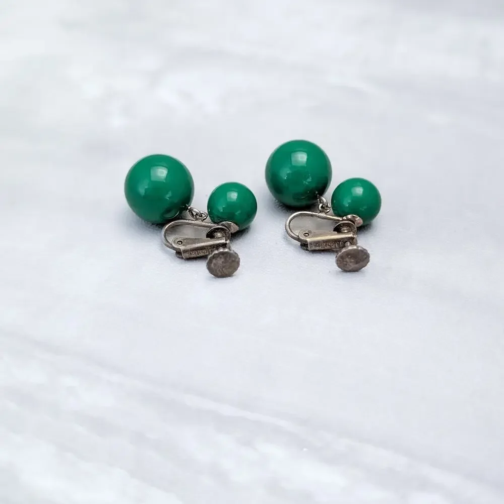 Vintage Richelieu Clip On Earrings Retro Pea Green Ball Duo Dangle Drop Earrings